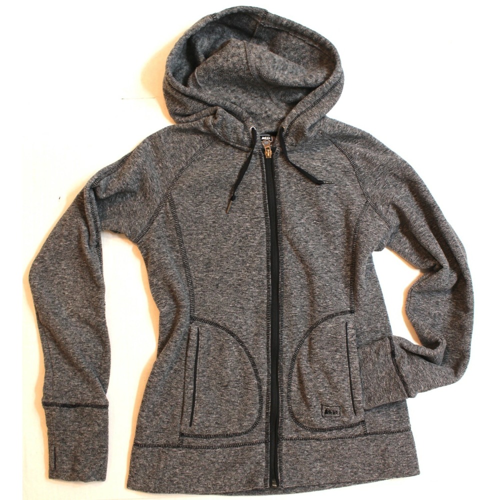 REI Women Jacket  XXS Full Zip Gray Athletic Fleece Hooded Pockets Thumb Hole